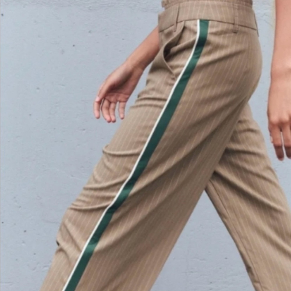 Striped Tan Pants with Green racing stripe Accent pinstripe boxer pants